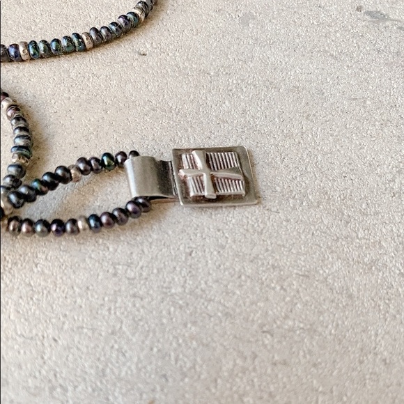 Silver and Peacock Color Seed Bead Cross Necklace - Picture 8 of 9